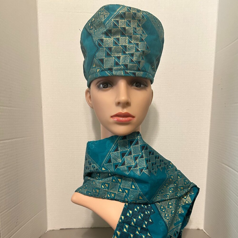 African Hat Set in Green and Gold Brocade Fabric with a Scarf